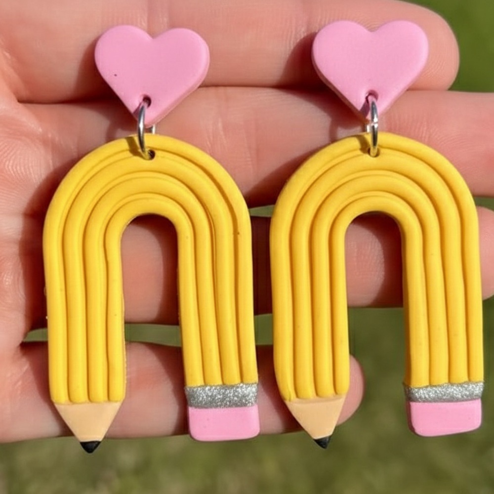 Curved Pencil Drop Stud - Handmade Earrings - Yellow - Picture 4 of 8
